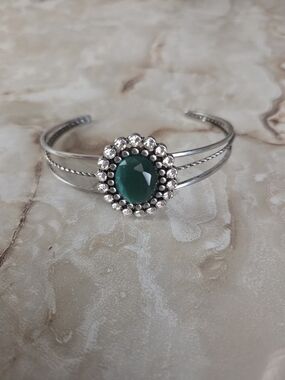 Silver-Accent Cuff Bracelet with Deep Green Stone
